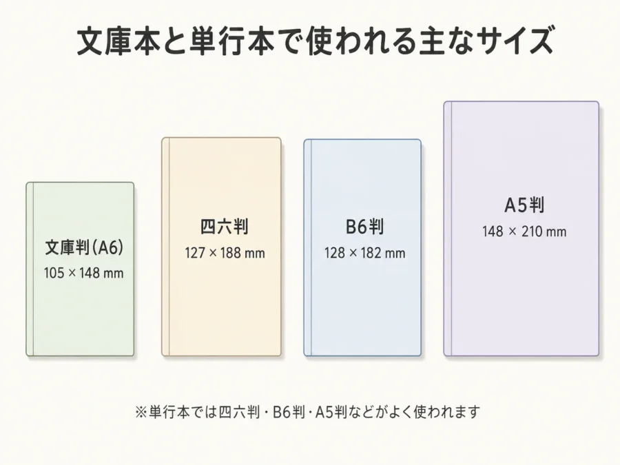 文庫判A6と単行本で使われる四六判・B6判・A5判のサイズ比較図