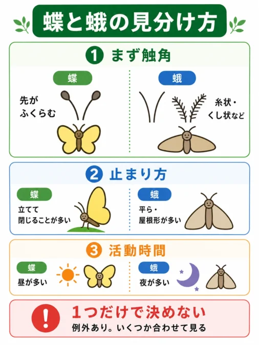 蝶と蛾を見分けるときに、触角を最初に確認し、止まり方と活動時間を補助的に見る手順を示した図
