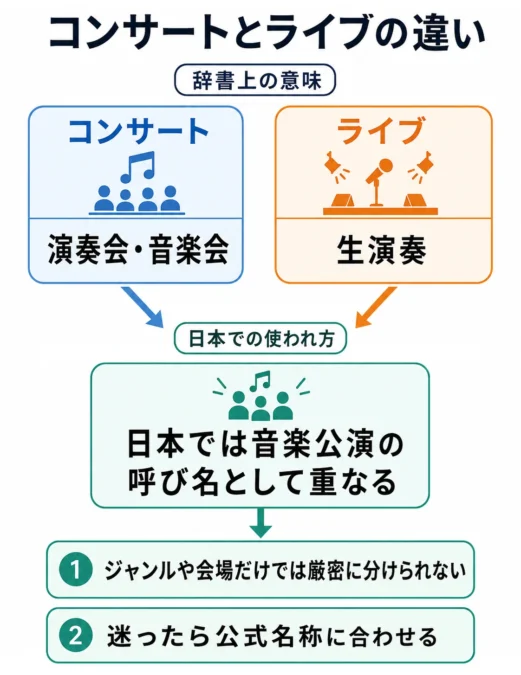 コンサートは演奏会・音楽会、ライブは生演奏を意味するが、日本では音楽公演の呼び名として重なっていることを示した図