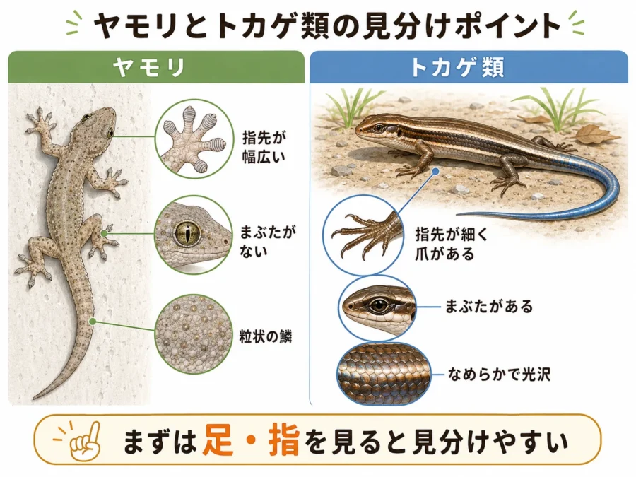 ヤモリとトカゲ類の足・指、目、体表の違いを比較した図
