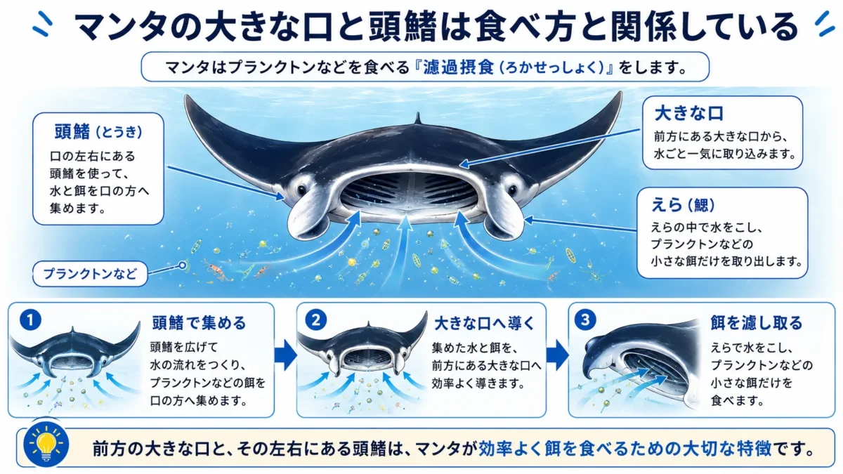 マンタの大きな口と頭鰭は食べ方と関係している