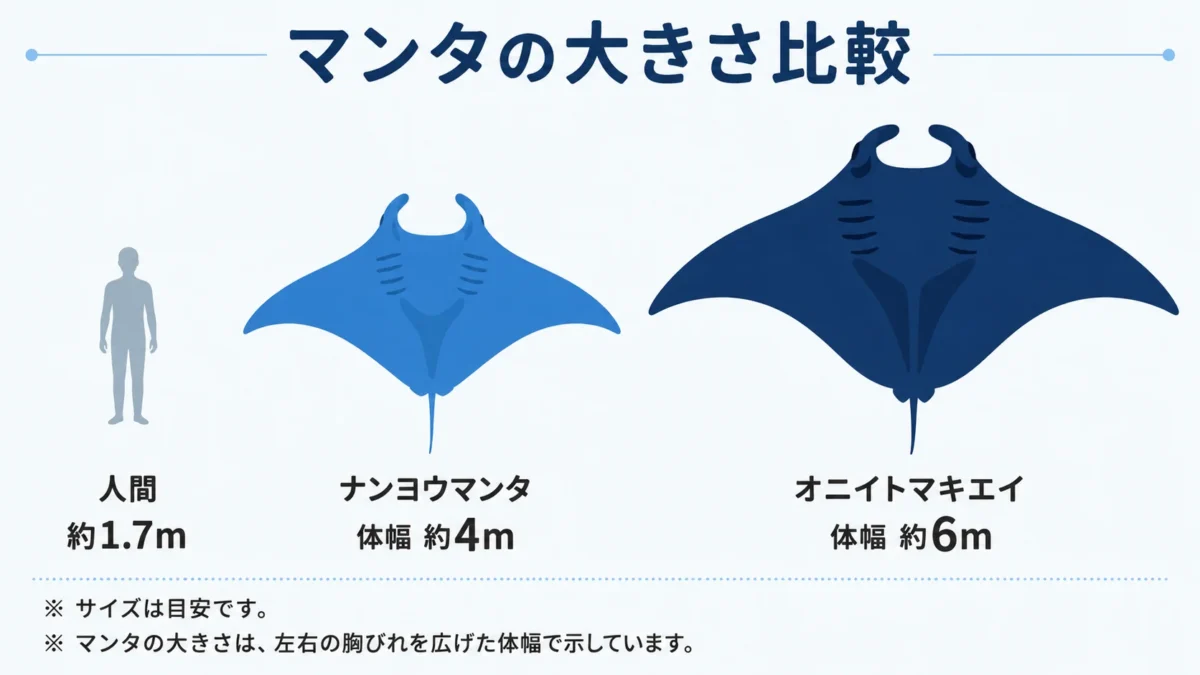 人間とナンヨウマンタ、オニイトマキエイの大きさを比較した図