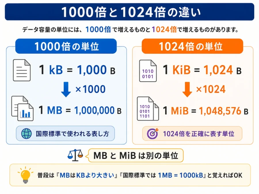 1000倍のkB・MBと、1024倍のKiB・MiBの違いを比較した図