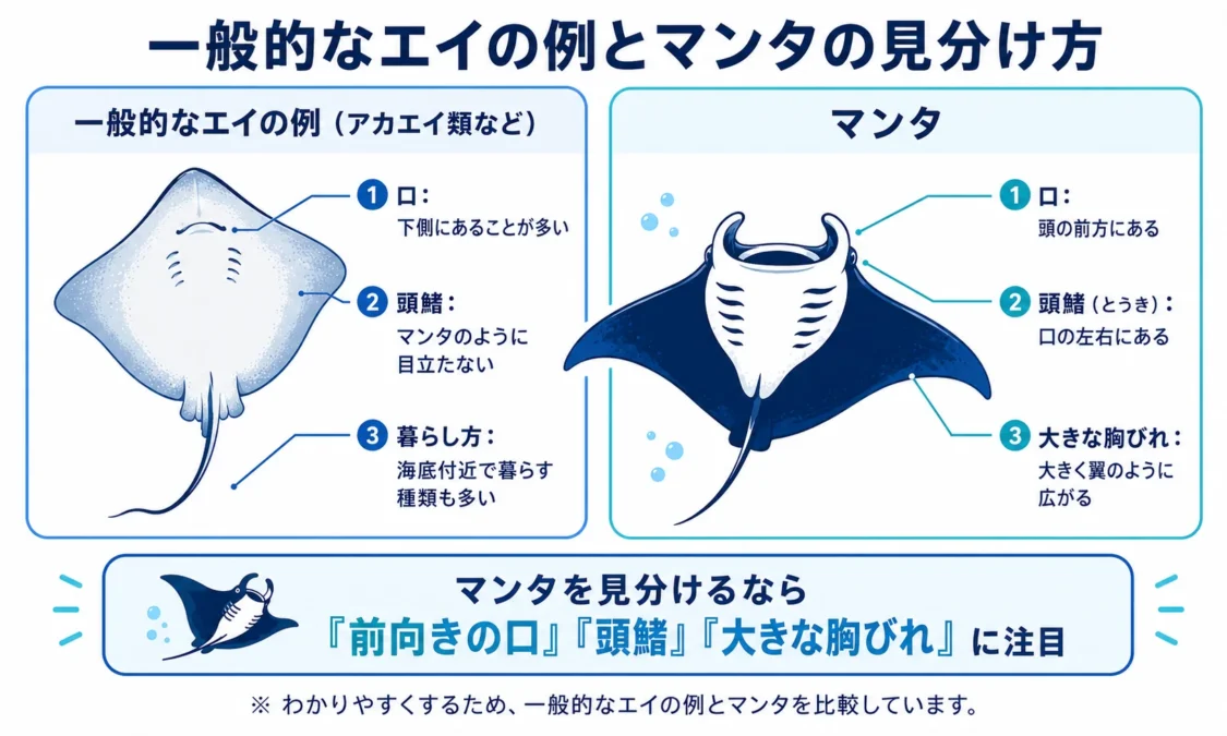 一般的なエイの例とマンタの見分け方