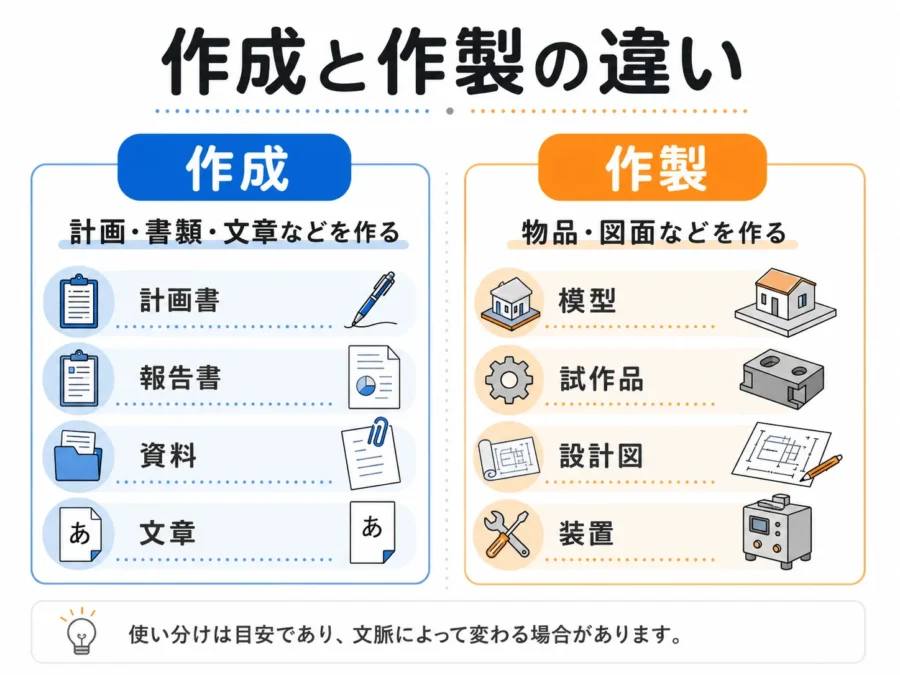 「作成」は計画・書類・文章、「作製」は物品・図面などを作るときに使う違いを示した比較図