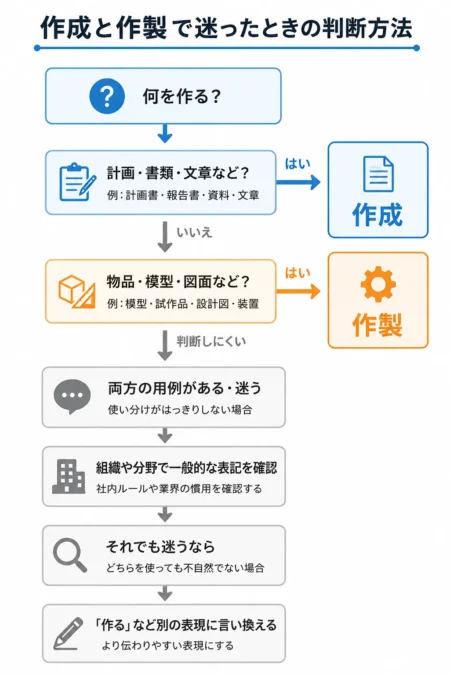 作成と作製で迷ったときに、作る対象から表記を判断する流れを示した図