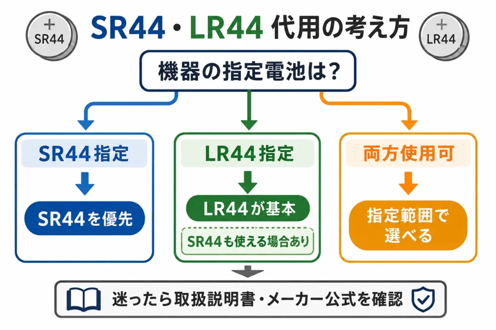 SR44とLR44を代用するときに機器の指定電池から判断するフロー図