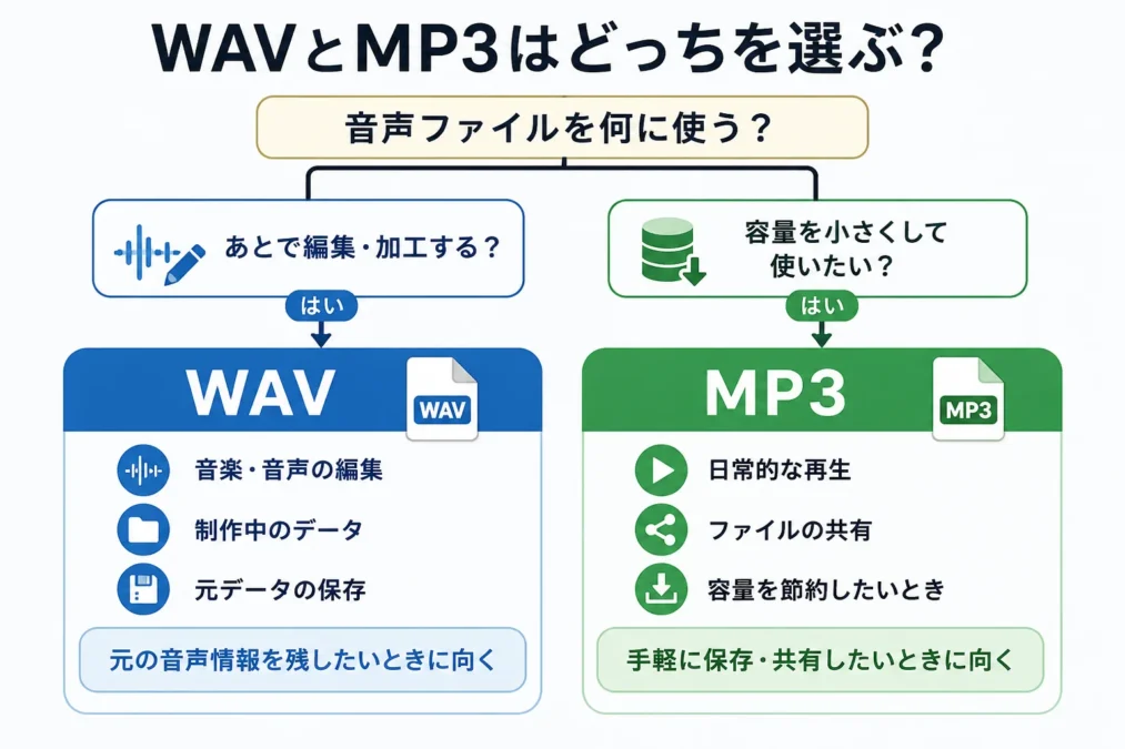 編集や元データの保存にはWAV、再生や共有、容量節約にはMP3が向くことを示した選び方の図
