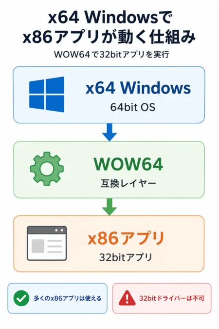 x64 WindowsでWOW64を介してx86版の32bitアプリを実行する仕組み
