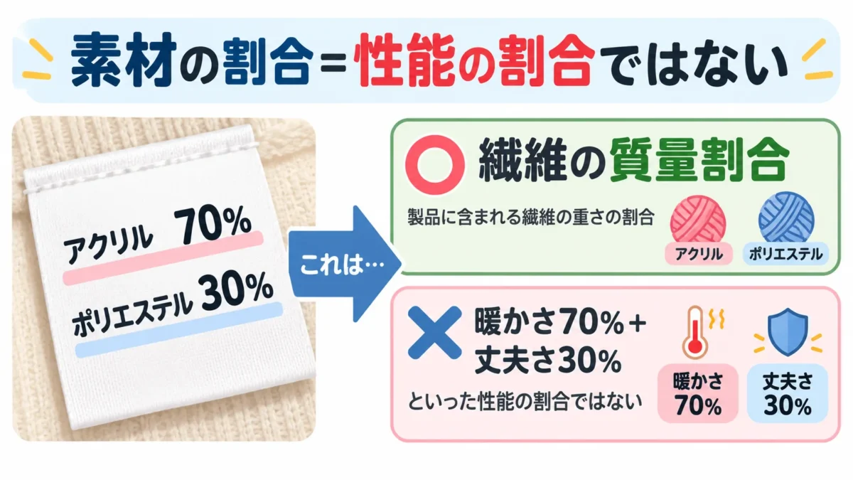 アクリル70％・ポリエステル30％という表示は性能割合ではなく繊維の質量割合であることを示した図