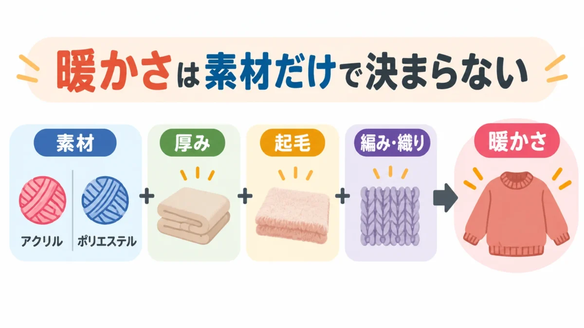 アクリルとポリエステルの暖かさは素材だけでなく厚みや起毛などでも変わることを示した図