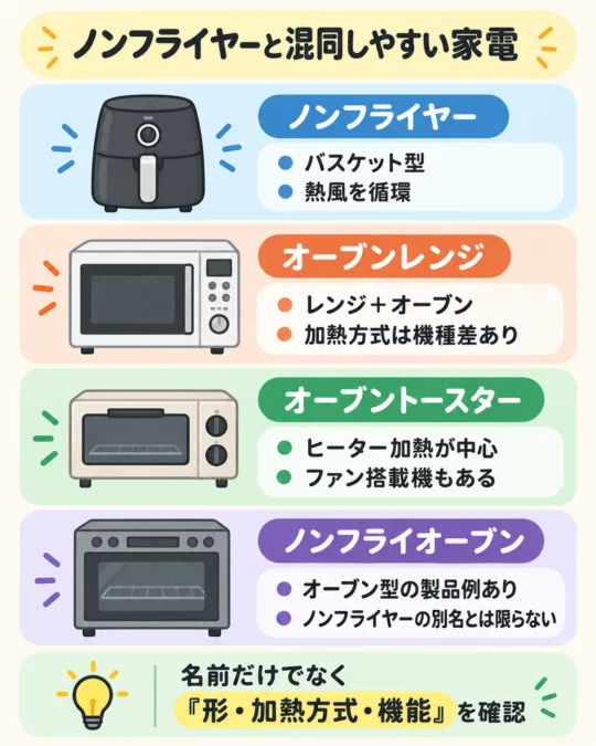 ノンフライヤーとオーブンレンジ・オーブントースター・ノンフライオーブンの違いを整理した図