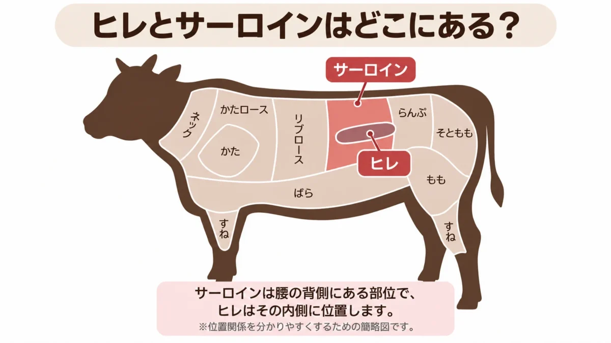 牛の体におけるヒレとサーロインの位置関係を示した図
