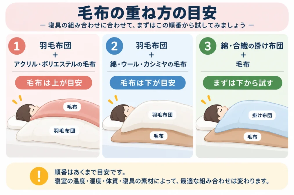 毛布を布団の上と下のどちらにするかの目安を示した図