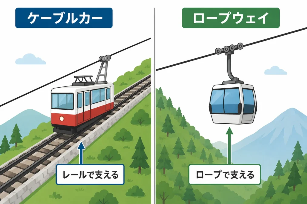ケーブルカーとロープウェイの支え方の違いを比較した画像