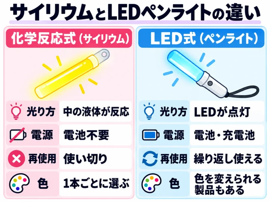 サイリウムとLED式ペンライトの違いを、光り方・電源・再使用・色で比較した図