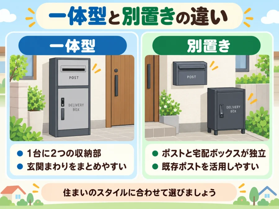 ポストと宅配ボックスの一体型と別置きの設置イメージを比較した図