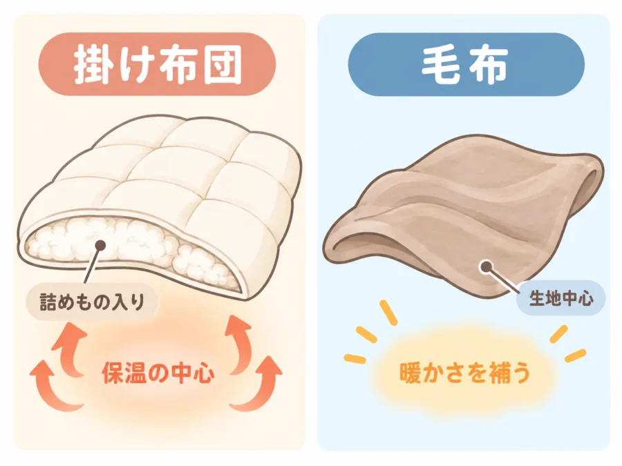 掛け布団と毛布の基本的な違いを比較した図