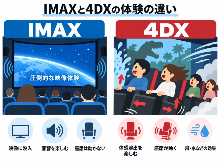 IMAXと4DXの体験の違いを比較した図解