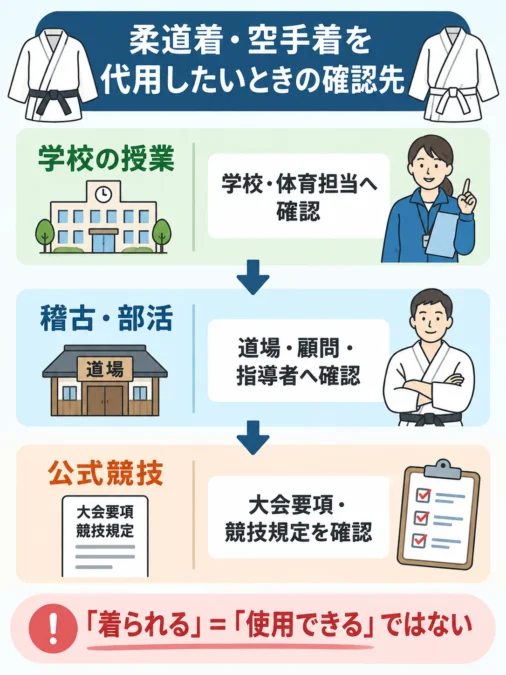 柔道着と空手着を代用するときの確認先を、学校の授業・稽古や部活・公式競技の3場面に分けて示した図