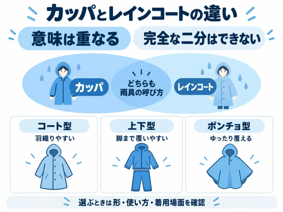 カッパとレインコートは意味が重なる雨具の呼び方で、コート型・上下型・ポンチョ型などの形があることを示した図