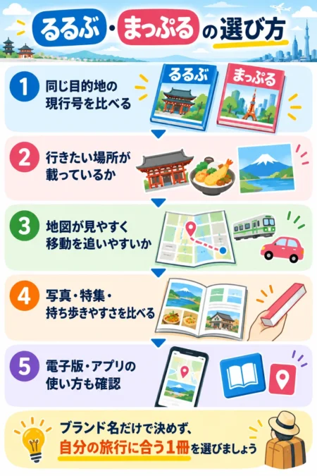 るるぶとまっぷるの選び方を示した判断フロー図