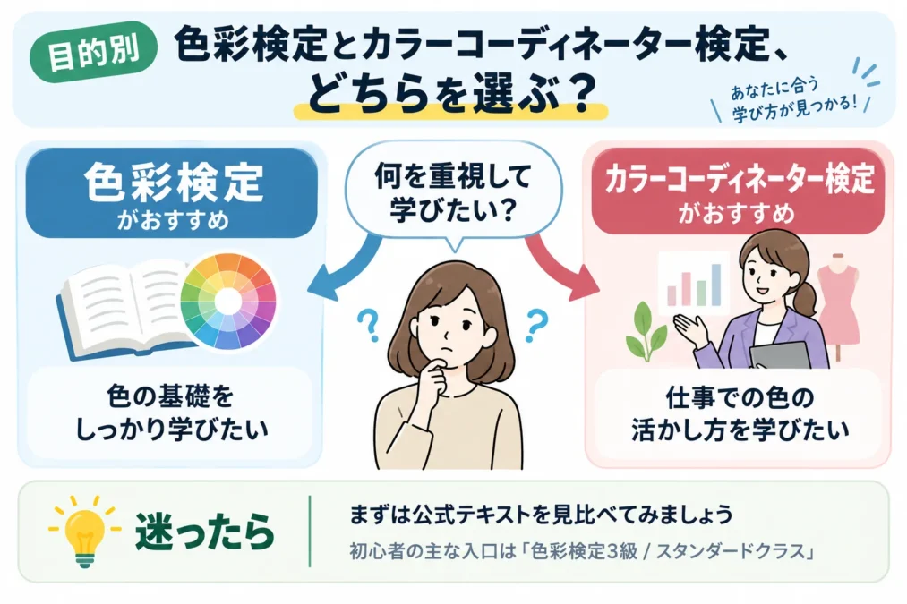 色彩検定とカラーコーディネーター検定のどちらを選ぶかを目的別に示したフロー図