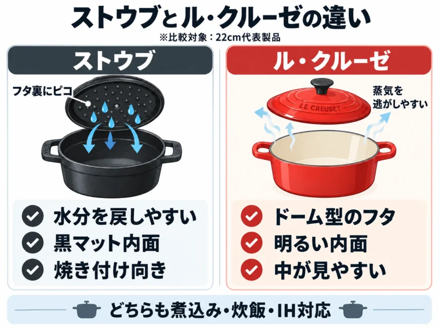 ストウブとル・クルーゼの違いを、フタの構造と内面の特徴で比較した図