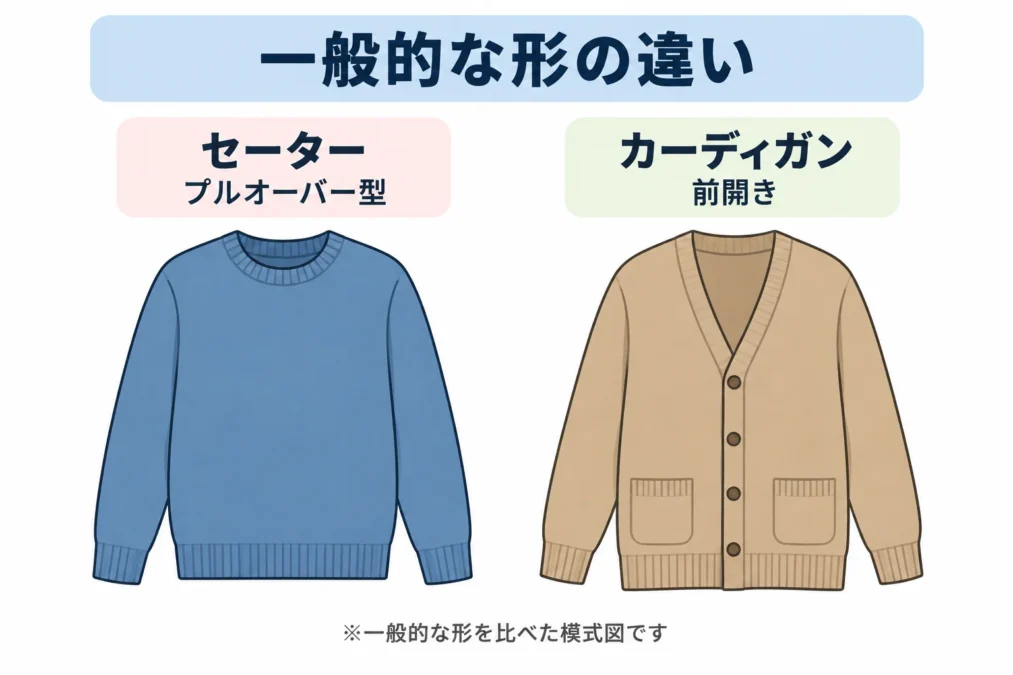 セーターとカーディガンの一般的な形の違いを比較した図
