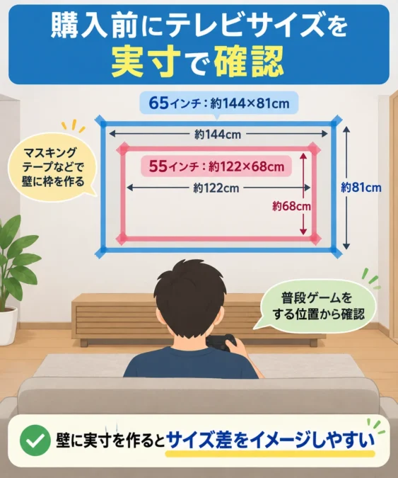 55インチと65インチのテレビ画面サイズを壁に実寸で再現して比較する方法を示した図