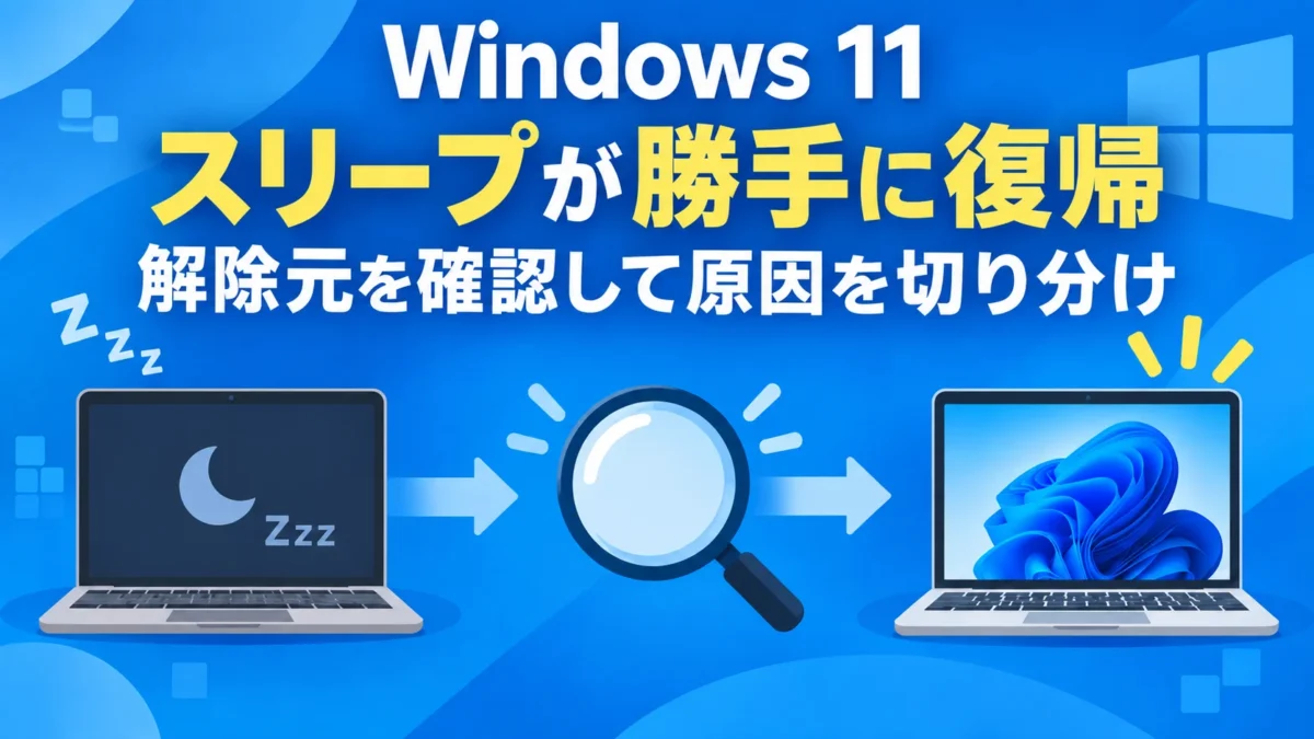 Windows 11のスリープが勝手に復帰する問題を表したアイキャッチ画像